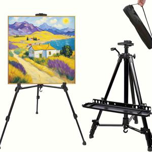 TEMU 블랙 색상의 조절 가능한 메탈 삼각대 이젤, 22~61인치 높이의 캔버스 디스플레이용 대형 트레이 포함, 탁상 또는 바닥 사용을 위한 휴대용 가방 포함.