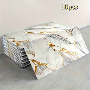 TEMU LDQ 10개 자체 접착 고급 골드 마블 벽 스티커 - 스타일 탈착식 PVC 타일, 광택 마감, 욕실, 거실, 사무실 장식, 주방 백스플래시, 우아한 장식, 간편한 설치, 필 앤 스틱, 홈 데코레이터