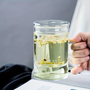 TEMU 고 붕규산 유리 티 컵, 티 분리 컵, 가정 및 사무실에서 차를 마시는 데 적합한 범용 물 컵, 손잡이, 뚜껑 및 필터가 있는 유리 컵