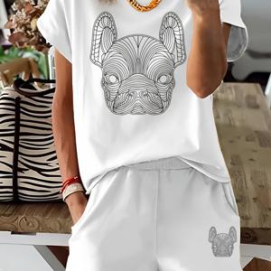 TEMU 유럽&미국 스타일 봄/여름 여성용 당나귀 머리 프린트 캐주얼 슬리키 섬유 티셔츠 & 포켓 쇼츠 2피스 세트