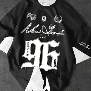 TEMU 로스앤젤레스 96 패턴 티셔츠 - 통기성 좋은 탄성 니트 원단, 캐주얼 스포츠 스타일 블랙 앤 화이트 대각선 라운드넥, 세탁기 사용 가능, 헬스장, 파티 및 데일리 웨어에 적합, 편안한 착용감, 어반 패션 프린트 셔츠