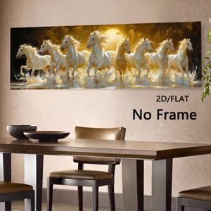 TEMU 2D 플랫, 2D 플랫, 1개 2D/FLAT 추상 미술 작품, 달빛 풍경에서 달리는 8마리의 말과 금색과 흰색 말의 조화, 캔버스 그림, 포스터 및 프린트로 제공, 현대적인 침실 홈 데코레이션용, 액자 없음