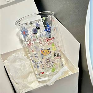 TEMU Faridabio 정원 고양이 & 나비 프린트 유리 컵 | 우유, 커피, 주스 & 브런치 음료에 완벽, 집, 오후 티 & 파티에 이상적, 고양이 애호가를 위한 매력적인 스승의 날/생일 선물