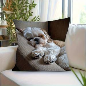 TEMU 1개 귀여운 시츄 강아지 프린트 베개커버 - 45x45cm 소프트 폴리에스터 짧은 플러시 침구 커버, 지퍼 잠금, 갈색 & 흰색 수면하는 강아지 디자인, 침실/거실/사무실 장식용 - 세탁기 사용 가능 애완동물 선물