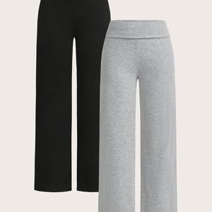 TEMU 여성용 캐주얼 하이웨이스트 와이드 레그 팬츠 2pcs