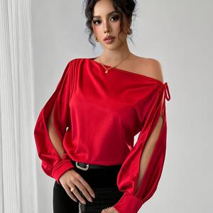 TEMU 여성용 오프숄더/하프 오프숄더 우아하고 섹시한 퍼프 슬리브 루즈핏 레드 탑, 파티/데이트/밸런타인데이/크리스마스/새해 연말 파티 의상용 원숄더 탑