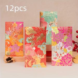 TEMU 금색 디테일이 있는 꽃 모양 랜턴 디자인의 설날 빨간 봉투 12개와 감사 카드 세트. 결혼식, 생일, 비즈니스 행사 및 부활절을 위한 행운의 상징이 장식되어 있습니다.