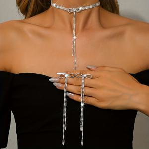 TEMU 우아한 여성용 주얼리 세트 (실버 도금 리본, 긴 태슬 귀걸이, 매력적인 목걸이 포함). 결혼식, 연회 및 파티에 완벽합니다.