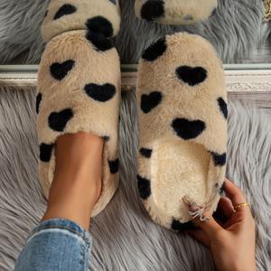 TEMU 여성용 사계절 단색 블랙 하트 홈 슬리퍼 겨울 따뜻한 플러시 침실 슬리퍼, 여성 신발