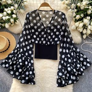 TEMU 여성용 유니크 디자인 V넥 벨 슬리브 프린트 탑, 핏팅 허리, 다용도 스타일리시, 여성용 고딕 할로윈 셔츠, 모델 BK1009008