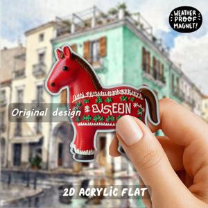 TEMU 1개입 2차원 평면 아크릴 냉장고 자석, 식기세척기 자석 디자인, 할로윈 및 크리스마스 테마. 밝은 빨간색에서 빛나는 축제 분위기의 스웨덴 나무 말을 선보입니다.