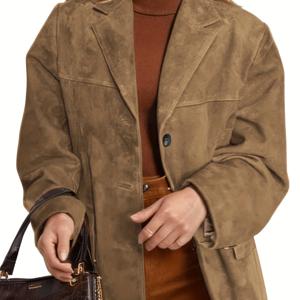 TEMU 마일라드 반응 빈티지 루즈핏 브라운 긴소매 안티벨벳 포켓 여성용 자켓, 봄/가을 출퇴근용