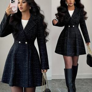 TEMU 여성용 우아한 더블 브레스트 롱 코트, 허리 주름, 긴 소매, 봄/가을용 시크 스타일