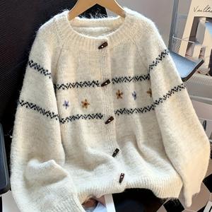 TEMU 여성용 루즈핏 카디건 - 뿔 버튼 2025 가을/겨울 신상 라운드넥 자카드 수제 꽃 자켓