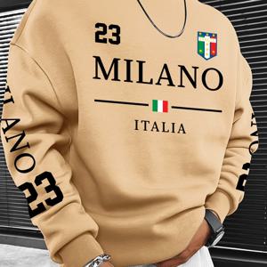 TEMU 남성용 이탈리아 테마 밀라노 23 그래픽 스웨트셔츠 - 이탈리아 국기 & ITALIA 레터링, 루즈핏 빈티지 캐주얼 스웨터, 라운드넥 풀오버, 이탈리아 아웃핏, 세탁기 사용 가능