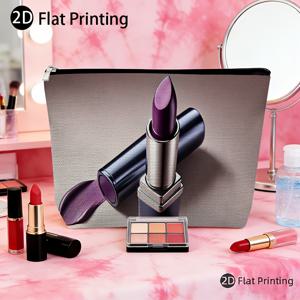 TEMU 아름다운 보라색 립스틱 디자인의 휴대용 린넨 메이크업 가방, 재사용 가능, 여성용 세면용품에 적합, 지퍼가 달린 필수 야외 수납 파우치, 여성용 맞춤형 메이크업 가방, 생일, 크리스마스 선물로 이상적
