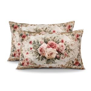 TEMU 부드러운 베이지 바탕에 핑크와 화이트 장미가 서로 껴안고 있는 모습과 녹색 잎사귀, 유럽풍 꽃무늬가 둘러싸인 디자인의 부드러운 폴리에스터 베개 커버 2개 세트, 주름 방지, 변색 방지, 단면 프린트, 베개 속통 미포함