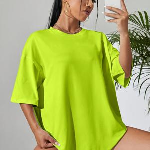 TEMU 오버사이즈 라운드넥 티셔츠 - 블러드 솔리드 컬러 캐주얼 여름 블라우스, 릴랙스드 드롭 숄더 핏, 세탁기 사용 가능 봄/여름 워드로브 필수 아이템