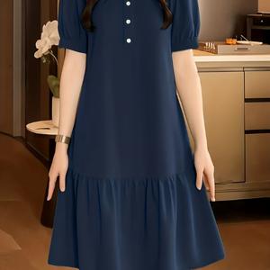 TEMU 여성용 우아한 A라인 미디 드레스 - 반팔 라운드넥 버튼 프론트 클로저 무릎길이 드레스, 단색 캐주얼부터 드레시한 스타일까지 봄 여름 가을 웨딩, 교회 행사, 데일리웨어 - 손세탁 가능한 논드레스
