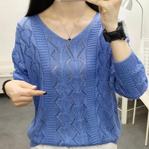 TEMU 여성용 긴소매 얇은 박쥐 날개 스웨터, 루즈핏 브이넥 크로셰 레이스 여성 의류