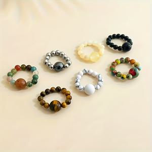 TEMU 빈티지 핸드메이드 천연석 비즈 링 7개 세트 - 멀티컬러 탄성 비즈, 1월 탄생석 여성 주얼리, 레트로 보호 데일리웨어 & 크리스마스 선물, 사계절 천연석 링