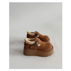 TEMU 딥 마우스 싱글 슈즈 라운드 토 고무 하이힐 (5-8Cm) 플랫 인조 숏 플러시 로우탑 슈즈, 여성 신발