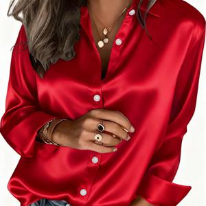 TEMU 패션 여성 캐주얼 새틴 버튼 셔츠 | 올 시즌 솔리드 컬러 라펠 칼라
