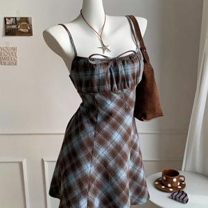 TEMU 여성용 브라운 & 블루 체크 무늬 미니 드레스, 리본 장식과 A라인 컷팅 특징