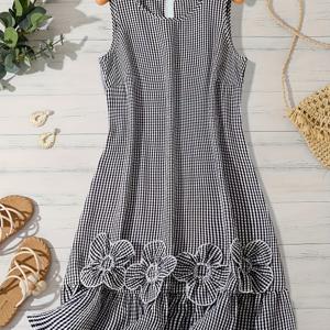 TEMU 여성용 블랙 앤 화이트 체크 3D 플로럴 드레스, 여름 캐주얼 휴가 스타일, 러플 스윙 A라인 드레스, 세탁기 사용 가능