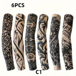 TEMU 6개입 남녀공용 타투 스타일 팔토시 | 생생한 해골, 꽃 & 기하학 패턴, 손세탁 가능한 레트로 아방가르드 디자인, 야외 활동, 축제 & 해변용