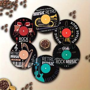 TEMU 음악 테마 코스터 6개 세트 - 음료, 차, 커피용 - 나무 무늬와 악기(기타, 마이크, 드럼) 디자인 - 홈파티, 음악 애호가를 위한 휴일 테이블 보호 코스터 - 장식용 코스터