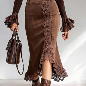 TEMU 빈티지 브라운 하이웨이스트 레이스 패치워크 미디 스커트, 통근, 외출, 그리고 여성용 스타일리시한 데이트룩에 완벽