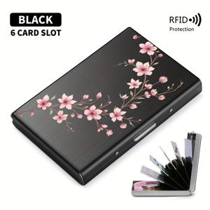 TEMU 핑크 복숭아꽃 가지 패턴 RFID 도난 방지 남녀공용 메탈 카드 홀더, 안전한 카드 보관, 패션 액세서리, 신용카드 지갑, 카드 정리함