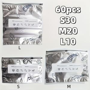 TEMU 60개입 식품 등급 알루미늄 포일 보관 백 | 3가지 사이즈, 냉장고 및 냉동고에서 음식을 정리하고 보존하는 데 이상적, 견과류, 곡물, 스낵, 육류용 라벨 포함