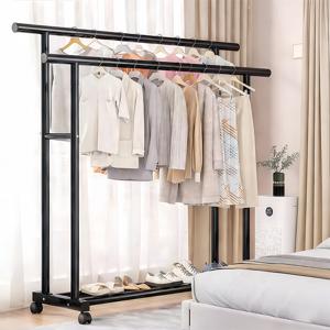 TEMU 더블 로드 이동식 옷걸이 조절 가능한 스테인리스 스틸 옷걸이- 공간 절약형 접이식 디자인과 이중 막대로 옷 신발 모자 및 액세서리 효율적 보관 침실 거실 및 의류점용 휴대용 의류 정리대