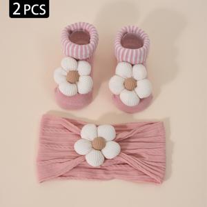 TEMU 2개 세트 아기 공주 스타일 탄성 헤어밴드 및 양말 | 귀여운 플로럴 디자인, 및 헤어 관리에 이상적, 손세탁 또는 드라이 크리닝