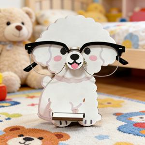 TEMU 1 수제 나무 귀여운 비숑 프리제 안경 케이스 | 스타일리시한 안경 정리함과 매력적인 조각상, 오리지널 디자인, 침대 옆 테이블 및 홈 오피스에 적합, 일반 안경 및 돋보기 안경 호환