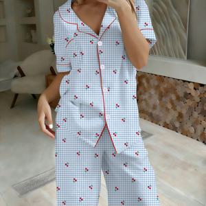 TEMU 여성용 파자마 세트 버블 체크 체리 프린트 | 반팔 라펠 탑 및 탄성 허리 바지, 캐주얼 홈웨어