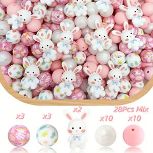 TEMU 28개 작은 흰 토끼 실리콘 비즈 및 15mm 벚꽃 패턴 워터마크 비즈, 비딩 펜, 팔찌, 목걸이와 생일 선물 및 발렌타인데이 선물과 같은 공예 재료로 적합합니다. 비즈 & 비즈 모음