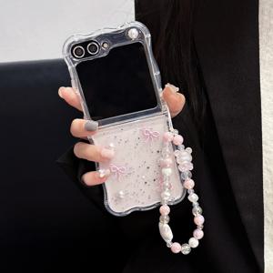 TEMU 삼성 Z Flip용 세련된 블루와 핑크 리본 디자인 접이식 폰 케이스, 삼성용으로 적합한 전체 보호를 제공하며, 삼성 Z Flip3, Z Flip4, Z Flip5, 및 Z Flip6용으로 창의적이고 미니멀한 니치 스타일을 특징으로 합니다.