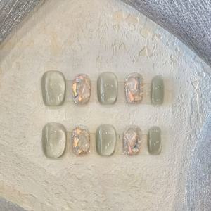 TEMU 10개입 연한 녹색 반투명 오로라 글리터 묻어남 프레스온 네일 | 숏 스퀘어 라운드, 쿨 매니큐어, 밝고 다용도, 재사용 가능, 핸드메이드