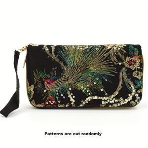 TEMU 여성용 롱 자수 지갑, 공작새 프린트 클러치, 다층 폰 가방, 동전 지갑