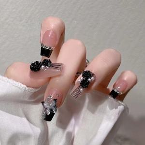 TEMU 24 Pcs 3D 검은 동백 프레스 손톱 중간, 관 손톱 아크릴 손톱 전체 커버 인공 손가락 손톱 팁 여성 및 소녀를위한 손톱에 매니큐어 접착제