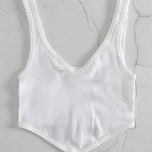 TEMU Fly Stride 심리스 골지 코르셋 스타일 패션 크롭 탱크 탑 | V넥, 높은 신축성, 민소매, 캐주얼 기본, 올 시즌, 인어 소매, 골지 디테일
