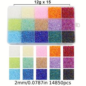 TEMU 2mm14850개 15칸 박스 각 칸 12g 기장 비즈 유리 루즈 비즈 DIY 팔찌 목걸이 수제 니팅 수제 주얼리 액세서리