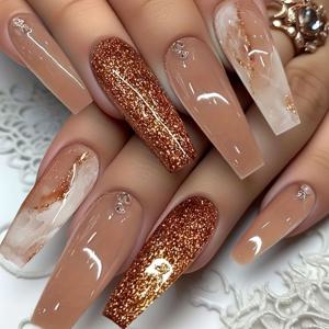 TEMU 24개입 박스 포장된 마블 옴브레 라인스톤 프레스온 네일, 롱 스타일, 스타일의 스위트 앤 쿨한 착용감의 네일, 완성된 발레 네일 팁, 글리터 프레스온 네일. 젤리 접착제 + 네일 파일 포함