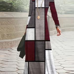 TEMU 개발, 가을/겨울 패션, 간편한 체크 프린트, 캐주얼 라운드넥, 슬림핏, 긴소매, 롱 드레스