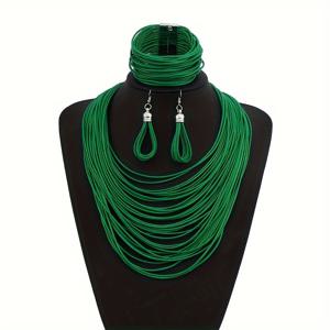 TEMU 여성을 위한 패션 빈티지 멀티 레이어 왁스 처리된 실로 꼰 목걸이, 파티 액세서리, 짧은 목걸이, 귀걸이, 팔찌 3종 세트