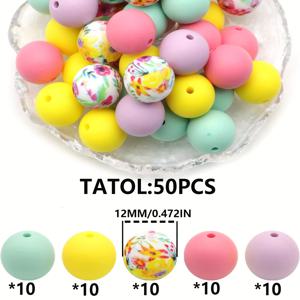 TEMU 12MM/15MM 솔리드 컬러 및 프린트 혼합 실리콘 원형 비즈 50개입, 수제 목걸이, 플라스틱 펜, 키체인, 차량 장식 체인, 가방 체인, 휴대폰 체인, 팔찌 주얼리 용품 포장
