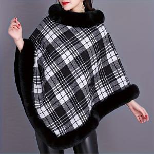 TEMU 신상 여성용 풀오버 숄, 플리스 안감, 두꺼운 인조 토끼 털, 루즈핏 가을/겨울 체크 코트 케이프